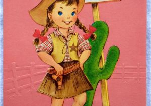 50s Birthday Card Pink Little Cowgirl Hat Boots Cactus Embossed 50s Vintage