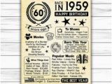 60th Birthday Gifts for Him Etsy 1959 60th Birthday U K Version Fun Facts 1959 Gift for