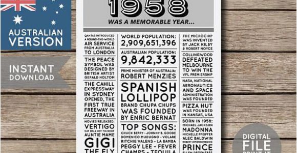 70th Birthday Present Ideas Male Australia Australian 60th Birthday Poster 1958 Poster 1958