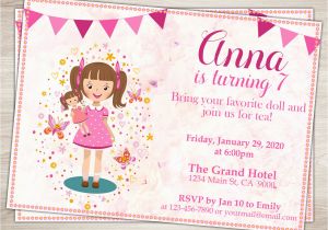 7th Birthday Invitation for Girl Baby Doll Party Invitation Doll Girl 7th Birthday Invitation