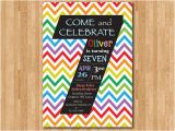 7th Birthday Invitation for Girl Rainbow 7th Birthday Invitation Colorful Chevron Birthday