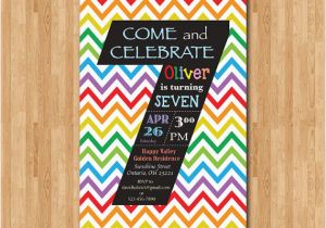 7th Birthday Invitation for Girl Rainbow 7th Birthday Invitation Colorful Chevron Birthday