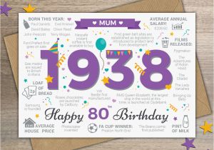 80th Birthday Cards for Mom 1938 Mum Happy 80th Birthday Memories Year Of Birth Facts