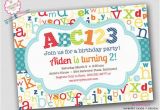 Abc Birthday Cards Abc123 Alphabet theme Birthday Party Invitation Aqua