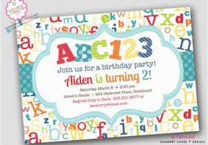 Abc Birthday Invitations Abc123 Alphabet theme Birthday Party Invitation Aqua