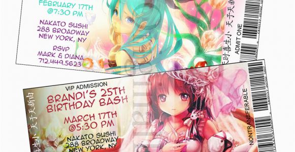 Anime Birthday Invitations Personalized Japanese Anime theme Ticket Style Birthday