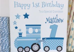 Birthday Card for Grandson 1st Birthday Handmade Personalised Blue Train 1st Birthday Card