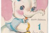 Birthday Card for One Year Old Baby Girl Baby White Elephant Girl with Flower Vintage 1 Year Old