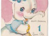 Birthday Card for One Year Old Baby Girl Baby White Elephant Girl with Flower Vintage 1 Year Old