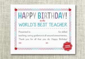 Birthday Card for Teacher Printable Happy Birthday Teacher Printable Certificate World 39 S