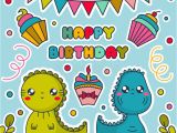 Birthday Cards Cartoon Character Happy Birthday Card with Kawaii Dinosaurs Cakes Bunting