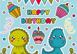 Birthday Cards Cartoon Character Happy Birthday Card with Kawaii Dinosaurs Cakes Bunting