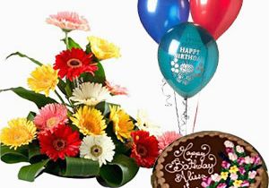 Birthday Flowers and Balloons Pictures Arrangement Of Gerberas In Mix Colour with 1 Kg Chocolate