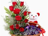 Birthday Flowers and Chocolates Delivered 01 Beautiful Basket Arrangement Of 10 Red Roses with Teddy