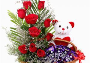 Birthday Flowers and Chocolates Delivered 01 Beautiful Basket Arrangement Of 10 Red Roses with Teddy