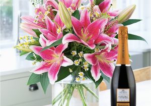 Birthday Flowers and Wine Stargazer Lily Daisy Prosecco