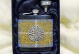 Birthday Gifts for Him Scotland Harris Tweed Hip Flask Blue Mustard with Celtic Knot Best