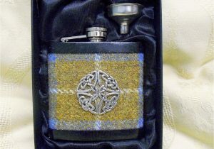 Birthday Gifts for Him Scotland Harris Tweed Hip Flask Blue Mustard with Celtic Knot Best