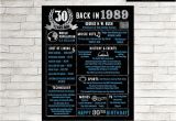 Birthday Ideas for Him Australia 30th Birthday Chalkboard 30th Birthday for Him 1989 Poster