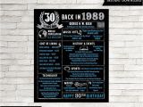 Birthday Ideas for Him Australia 30th Birthday Chalkboard 30th Birthday for Him 1989 Poster