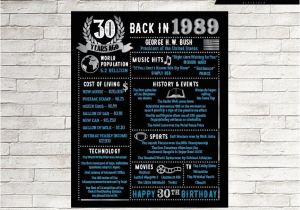 Birthday Ideas for Him Australia 30th Birthday Chalkboard 30th Birthday for Him 1989 Poster