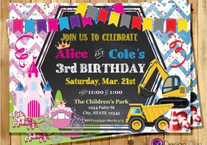 Birthday Invitations for Boy and Girl Princess and Construction Joint Birthday Party Invitation