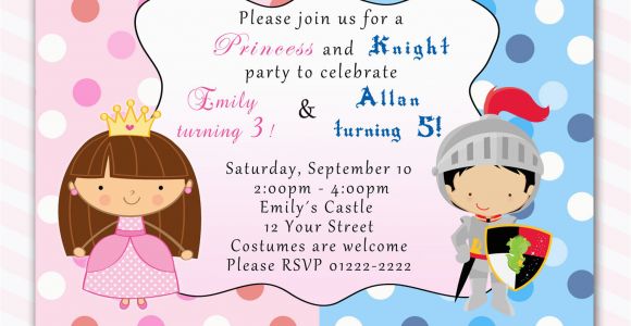 Birthday Invitations for Boy and Girl Princess Birthday Invitation Knight Polka Dots Siblings Boy