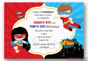 Birthday Invitations for Boy and Girl Superheroes Birthday Invitation Printable Twin Joint