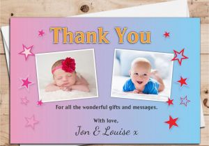 Birthday Thank You Cards with Photo 10 Personalised Boys Girls Twins Joint Christening Baptism