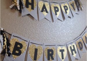 Black and White Striped Happy Birthday Banner Black and White Striped Gold Glitter Happy by