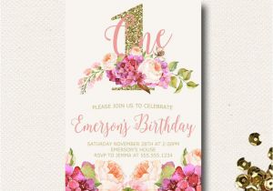 Boho Chic Birthday Invitations Floral Birthday Invite Boho Chic Pink and Gold Sparkle Floral