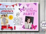 Boy and Girl Joint Birthday Invitations Firetruck butterfly Joint Birthday Invitation for Boy and