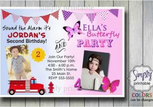 Boy and Girl Joint Birthday Invitations Firetruck butterfly Joint Birthday Invitation for Boy and