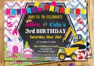 Boy and Girl Joint Birthday Invitations Princess and Construction Joint Birthday Party Invitation