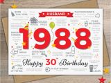 Boyfriend 30th Birthday Card 1988 Husband Happy 30th Birthday Card