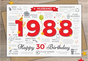 Boyfriend 30th Birthday Card 1988 Husband Happy 30th Birthday Card