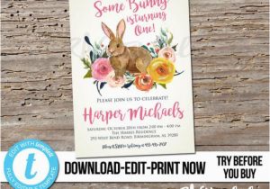 Bunny Birthday Invitation Template Editable some Bunny is Turning One Floral Rabbit 1st