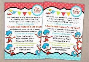 Dr Seuss Twin Birthday Invitations Dr Seuss Birthday Party Invitation Thing 1 Thing 2 Party