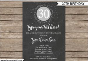 Editable 30th Birthday Invitations 30th Birthday Invitation Template Chalkboard Silver