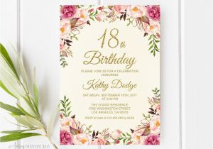 Eighteenth Birthday Invitations 18th Birthday Invitation Floral Cream Birthday Invitation
