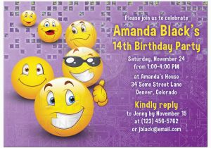 Emoticons Birthday Invitations social Media Emoji Birthday Invitation Purple Yellow Smiley