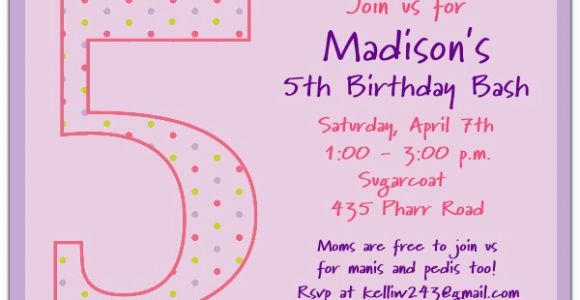 Fifth Birthday Party Invitation Wording 5th Birthday Girl Dots Birthday Invitations Paperstyle
