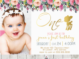 First Birthday Invitations Girl Willow Deer First Birthday Photo Invitation Floral Gold