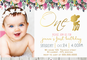 First Birthday Invitations Girl Willow Deer First Birthday Photo Invitation Floral Gold