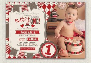 First Birthday Monkey Invitations First Birthday Invitation sock Monkey Invite Boys Red