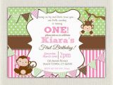 First Birthday Monkey Invitations Girls Pink and Green Monkey 1st Birthday Invitation