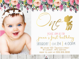 First Birthday Photo Invitations Girl Willow Deer First Birthday Photo Invitation Floral Gold