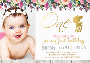 First Birthday Photo Invitations Girl Willow Deer First Birthday Photo Invitation Floral Gold