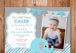 First Birthday Photo Thank You Cards Boy Elephant First Birthday Photo Invitation Blue and