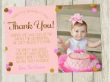 First Birthday Photo Thank You Cards First Birthday Thank You Card Pink Gold Glitter Thank You